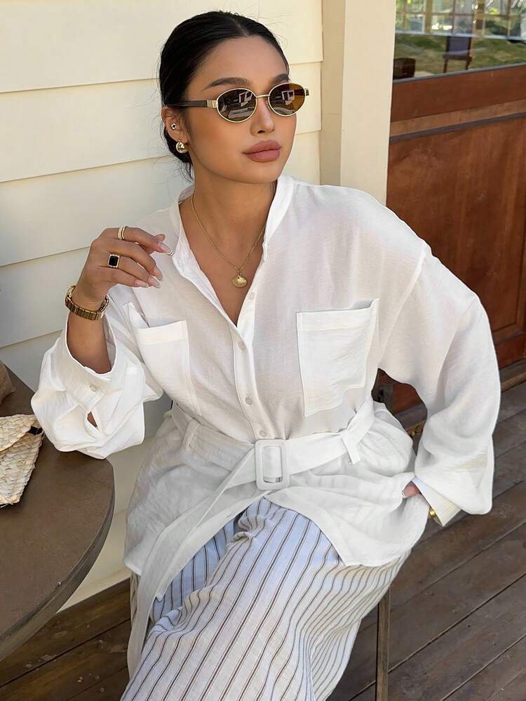 Dazy Plus White Loose Fit Casual Long Sleeve Shirt With Round Neck, Pocket And Waist Belt Decor