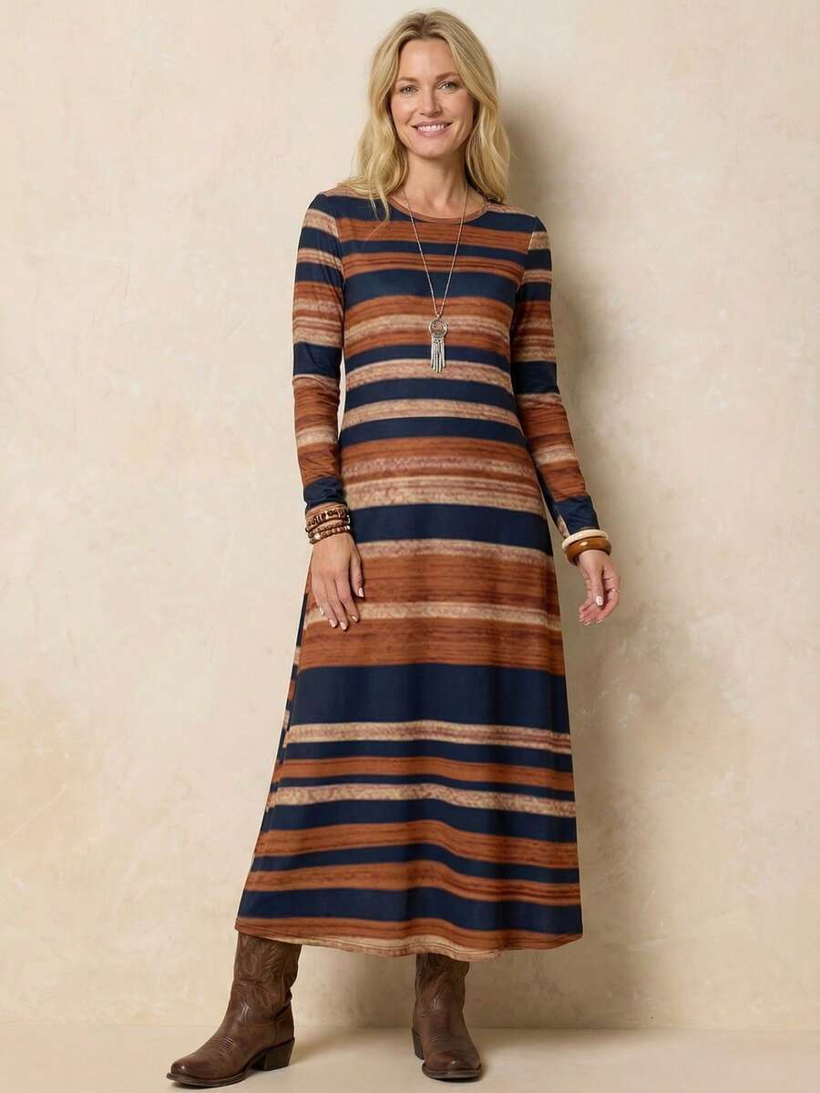 EMERY ROSE Women's Long Casual Vintage Striped Pattern Dress, Suitable For Autumn/Winter - Multicolor - View 1