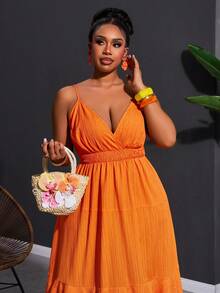 Veslaya 2026春夏新款大码女装，适合音乐节、复活节、西部风、游牧风、生日派对、毕业典礼、大学、学生、婚礼宾客、波西米亚风、通勤、早午餐、机场、派对、假日、优雅宴会、舞会、休闲、高端优雅纯橙色吊带收腰交叉露背荷叶边长裙 - 橘色 - 查看 8