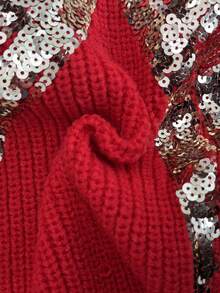 SHEIN PETITE 女士亮片蝴蝶结圆领节日红色毛衣 - 紅色 - 查看 7