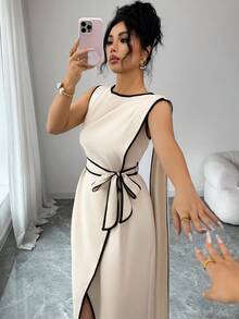 Elenzga Đầm ôm sát không tay, vạt bất đối xứng, thắt eo, phối màu tương phản, thiết kế tinh tế phù hợp cho công sở và phong cách cổ điển thời thượng, thích hợp cho mùa xuân/hè. - Màu be - Xem 1