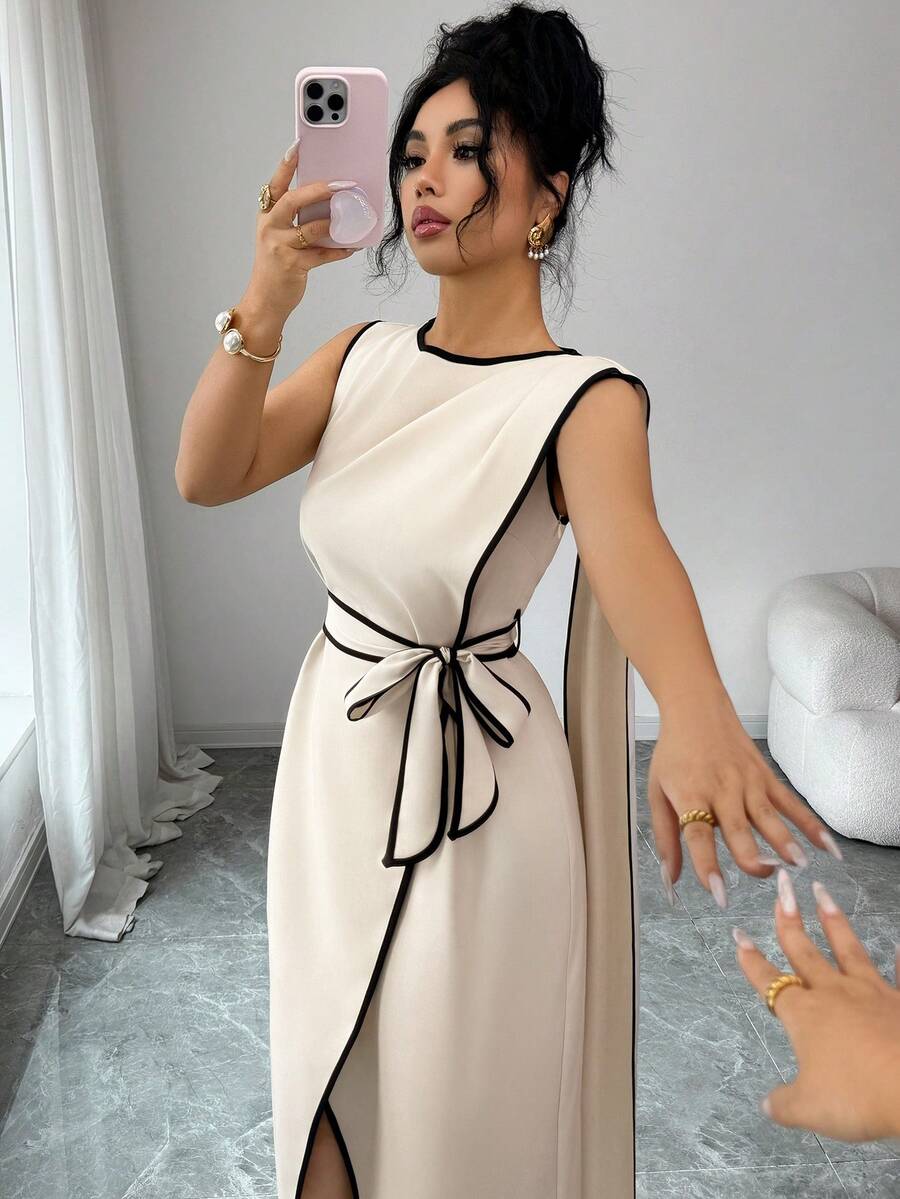 Elenzga Đầm ôm sát không tay, vạt bất đối xứng, thắt eo, phối màu tương phản, thiết kế tinh tế phù hợp cho công sở và phong cách cổ điển thời thượng, thích hợp cho mùa xuân/hè. - Màu be - Xem 1