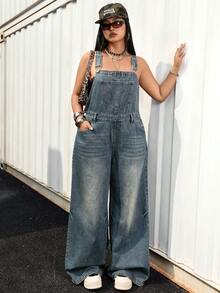 SHEIN Jeanoir Bộ jumpsuit quần jean ống loe dáng rộng, phong cách Y2K, cổ điển, hoài cổ, dành cho người có thân hình mũm mĩm. - Rửa tối - Xem 3