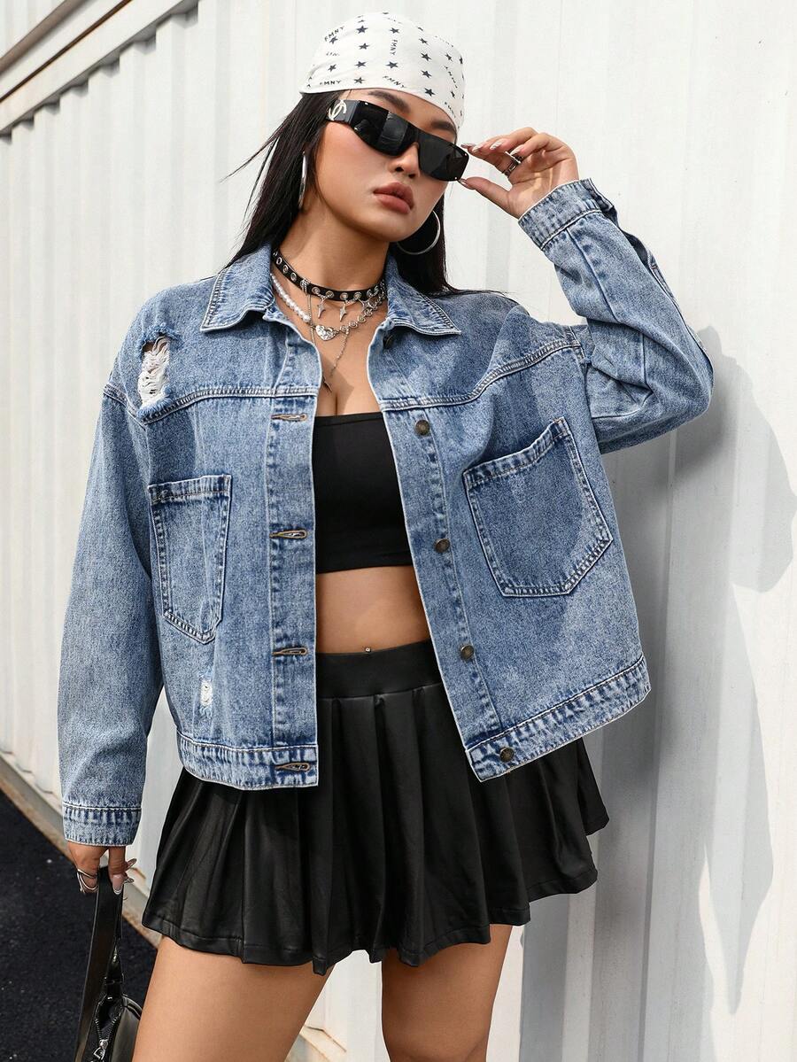 SHEIN EZwear جاكيت جينز مهترئ فضفاض كاجوال بحجم كبير من طراز Y2K - أزرق متوسط - مشاهدة 1