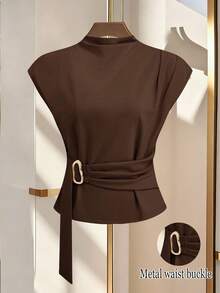 GlowEve CURVE Plus Size Solid Color Minimalist Short Sleeve Shirt, Casual Everyday Wear - Brown - View 1