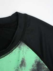 Zalmeno Men's Tie-Dye Print Raglan Long Sleeve Rash Guard Swimwear Top - Black - View 6