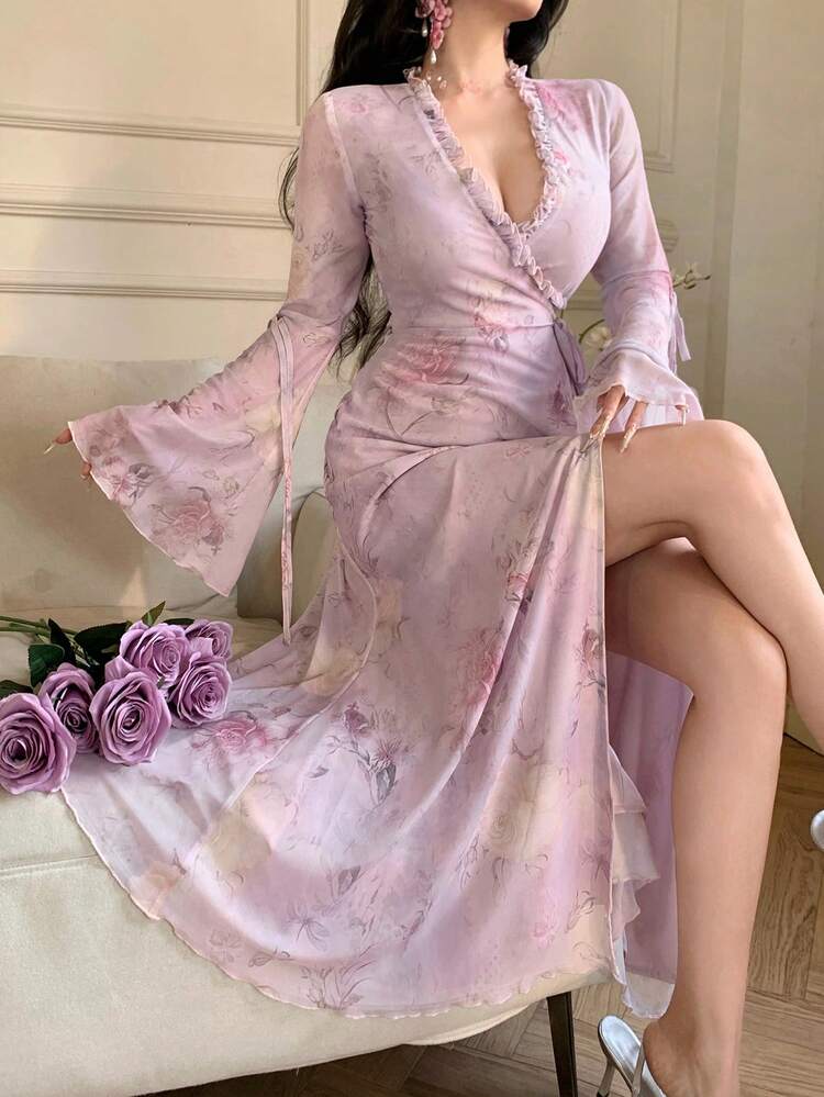Spring & Summer Floral Lace Print Elegant Long Dress, Suitable For Valentine's Day, Wedding, Party, Formal Occasion, Slim Fit Sundress