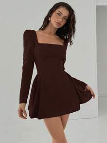 Aloruh Đầm ngắn dáng chữ A màu đỏ trơn cho nữ, kiểu peplum, gợi cảm và thanh lịch, ôm eo, tay dài, thích hợp cho tiệc cocktail dịp Giáng sinh hoặc hẹn hò. - màu nâu - Xem 5