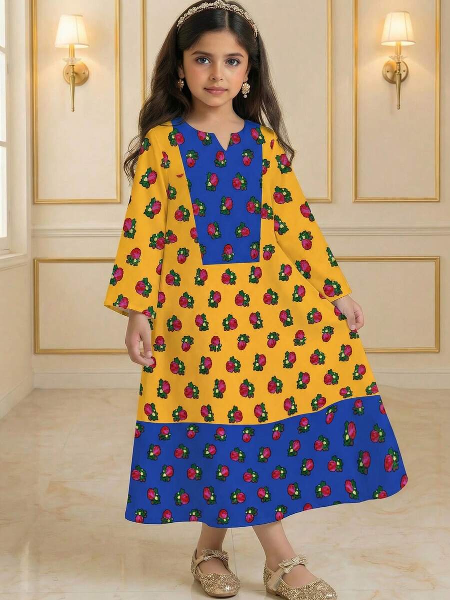 SHEIN Đầm maxi Kaftan thanh lịch, cổ điển, độc đáo, trang nhã dành cho bé gái, họa tiết hoa, màu đỏ tía hồng, phối vàng và xanh lam, thích hợp cho mùa xuân/hè, lễ hội, quý cô thanh lịch, đầm maxi dài tay cổ chữ V dáng rộng kiểu Ả Rập, thích hợp cho các buổi lễ kỷ niệm, mặc hàng ngày, đi chơi, kỳ nghỉ vui vẻ, Abaya, trang phục truyền thống Ả Rập, Jalabiya, Abaya - Nhiều màu - Xem 1