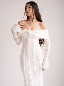 Andrea Bello Tea Break Outfit Sweet And Elegant Dress Off-Shoulder Long-Sleeved Dress Date Outfit 3D Floral Dress - White - View 7