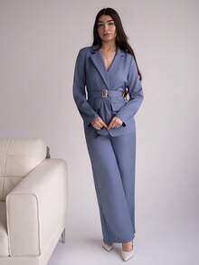 Andrea Bello 2025春秋新款时尚优雅休闲/办公室通勤金属扣腰长袖外套+直筒宽松阔腿裤西装套装 - 霧霾藍 - 查看 4