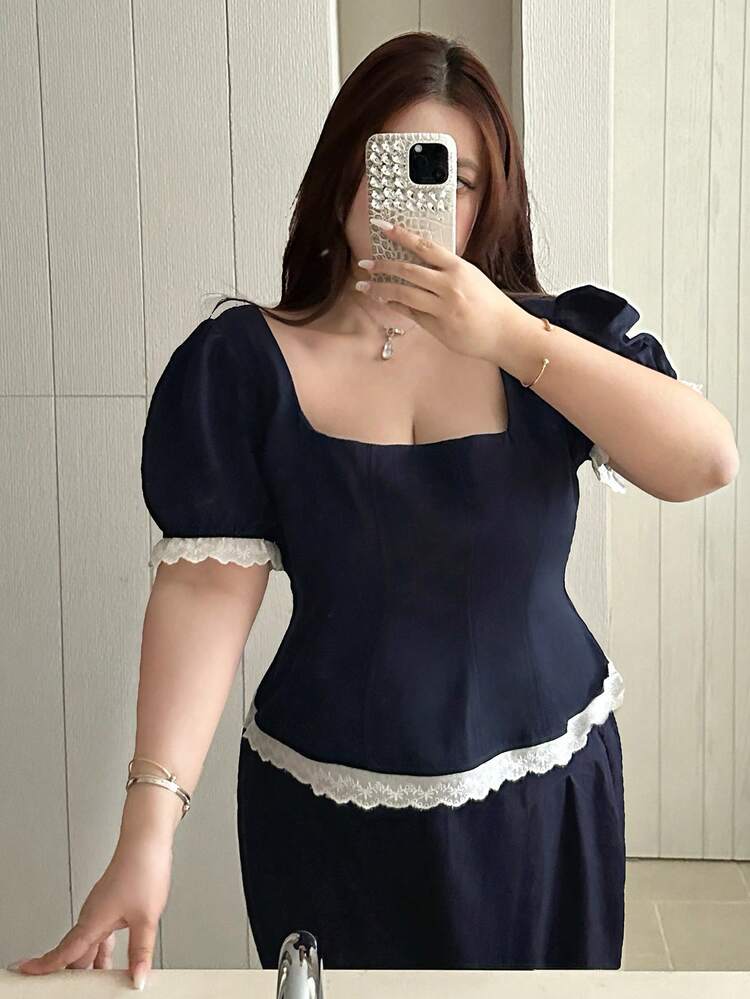 Dazy Plus 2pcs Plus Size Women Contrast Color Block Square Neck Short Sleeve Top And Loose Pants Pajama Set Summer