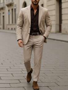 Manfinity Mode 男士纯色翻领长袖西装外套和裤子商务套装 - 卡其色 - 查看 1
