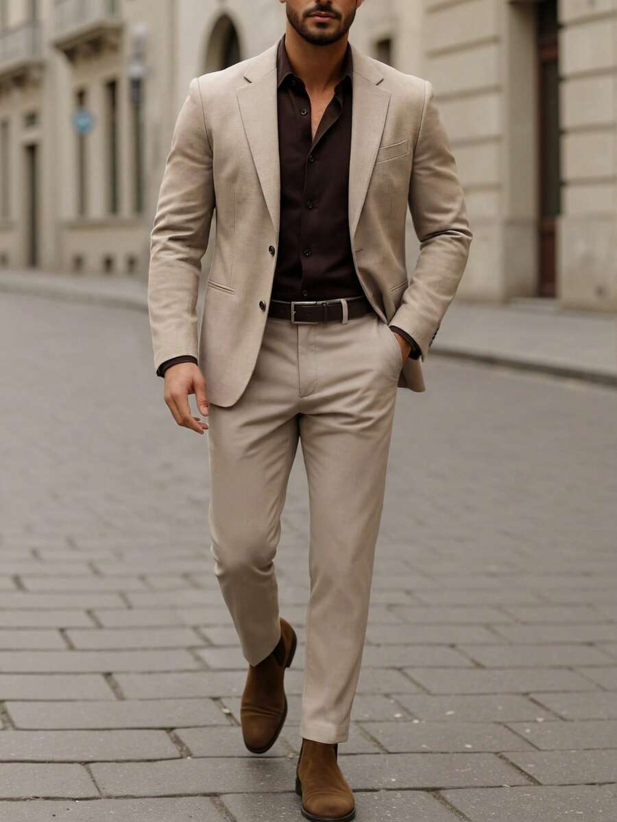 Manfinity Mode 男士纯色翻领长袖西装外套和裤子商务套装 - 卡其色 - 查看 1