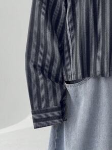 Manfinity BRENVOR Men's Striped Drop Shoulder Long Sleeve Single-Breasted Casual Loose Shirt - Black - View 5