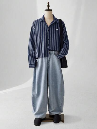 ESTAVOR 男士条纹落肩长袖单排扣休闲宽松衬衫