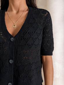 EURMUSE Black Crochet Button Front Crop Cardigan & Knit Hollow Out Pant Beachwear Cover Up Set - Black - View 4