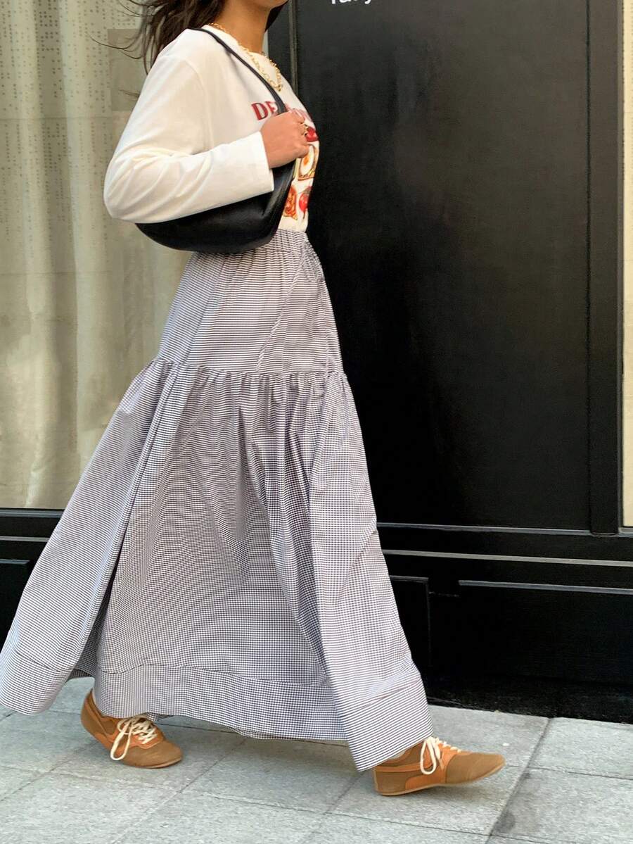 Veilorie Falda casual de línea A con estampado de cuadros, nudo y volantes en el bajo para mujer - Multicolor - Ver 1