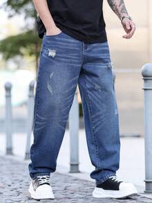 Manfinity Homme Men's Casual Fashion Street Distressed Denim Jeans, Suitable For Daily Commute - Medium Wash - View 6