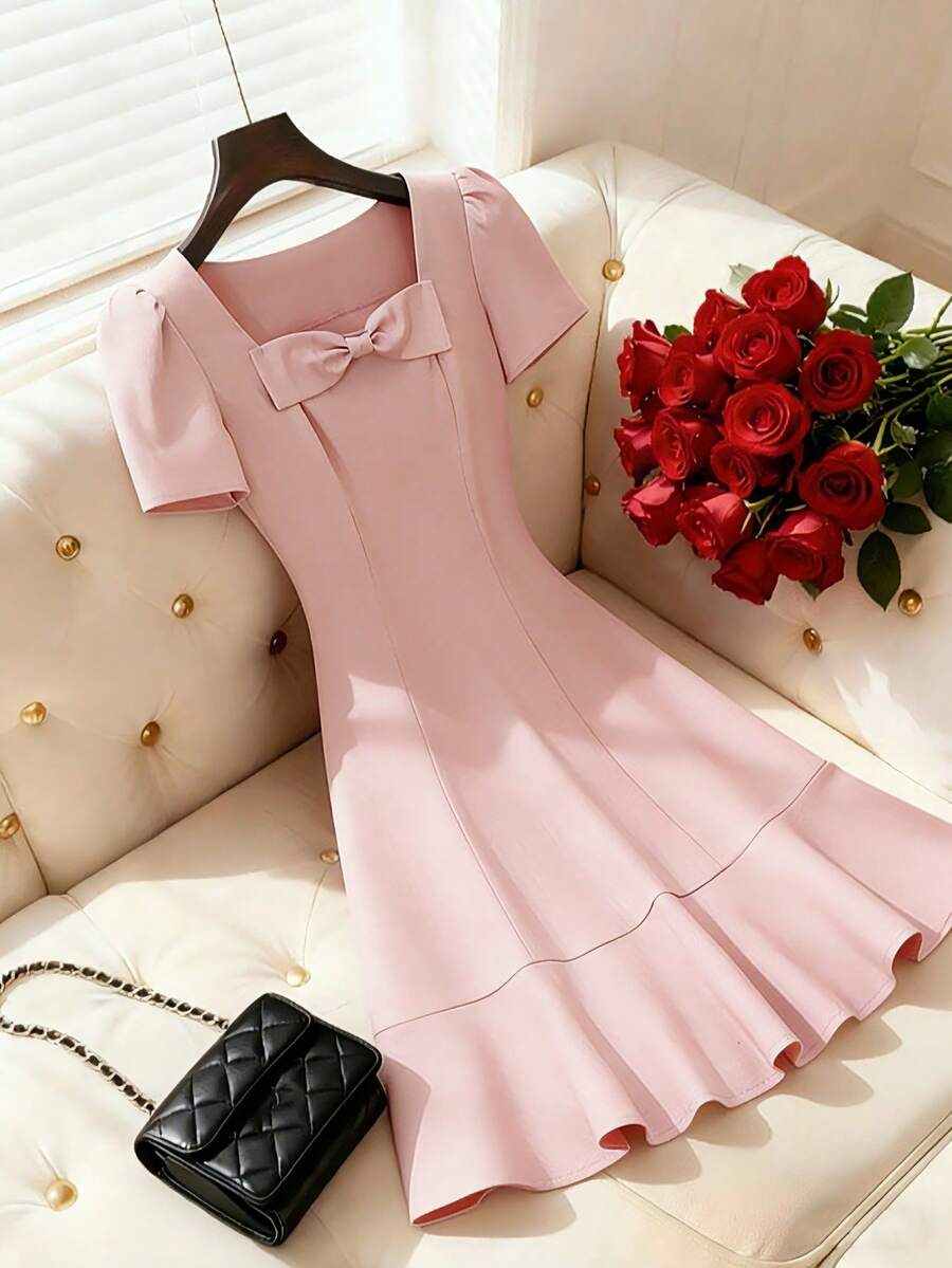 SHEIN Franclia 女士纯色蝴蝶结装饰短袖连衣裙 - 淺粉色 - 查看 1