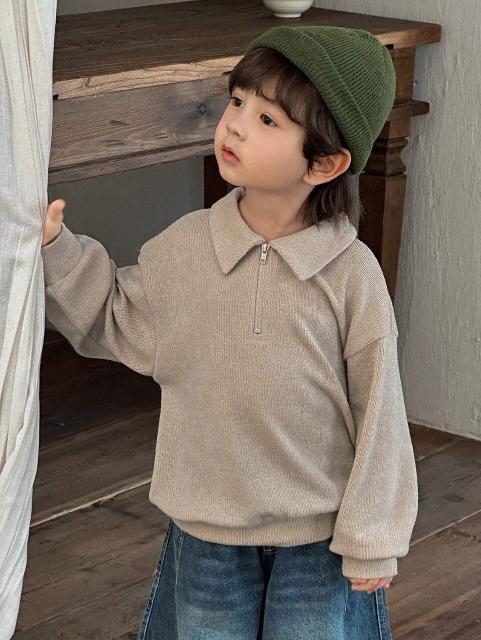 Young Boy Half Zip Casual Versatile Long Sleeve T-Shirt