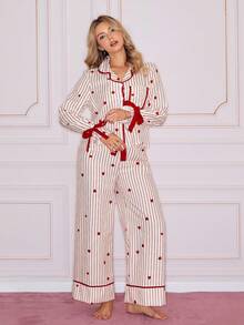 SweetSlumber Bộ đồ ngủ nữ tay dài, áo cardigan cổ bẻ in hình trái tim kẻ sọc và nơ thắt cổ. - Màu be - Xem 3