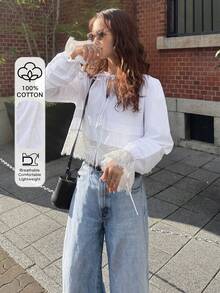 FRIFUL Women's Solid Color Contrast Lace Loose Casual Versatile Shirt With Drawstring Collar And Ruched Cuffs, Suitable For Spring - White - View 7