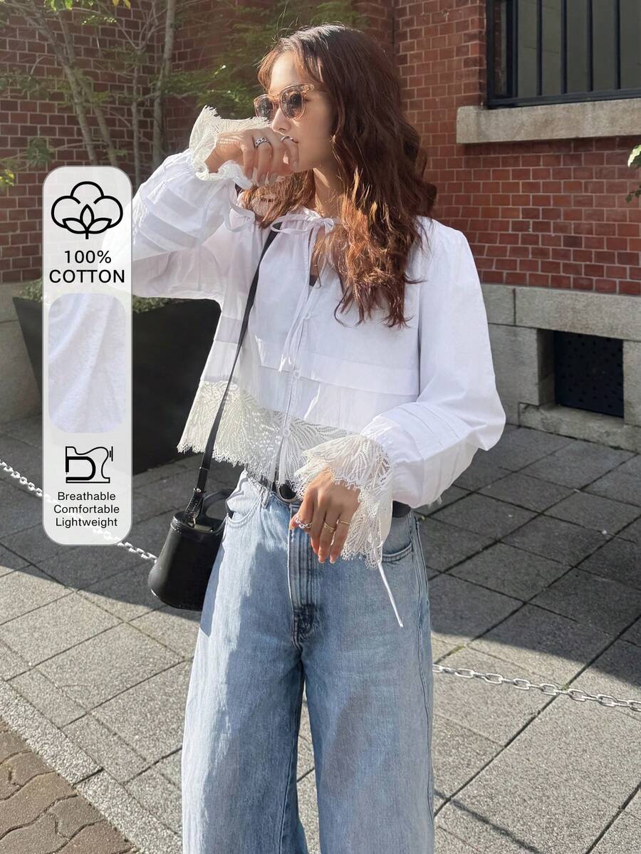 FRIFUL Women's Solid Color Contrast Lace Loose Casual Versatile Shirt With Drawstring Collar And Ruched Cuffs, Suitable For Spring - White - View 1