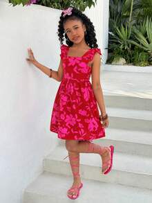 Đầm xòe hở lưng, bèo nhún, nơ, màu đỏ, thời trang thường ngày cho bé gái tuổi teen, thích hợp cho kỳ nghỉ. - Đỏ - Xem 5