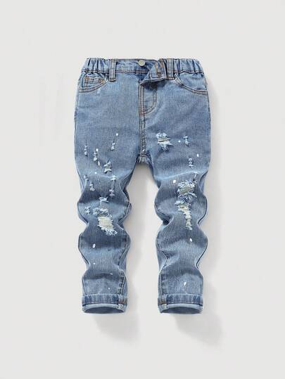 Young Boy New Fashion Distressed Basic Casual Ripped Frayed Paint Splatter Blue Denim Skinny Jeans Spring Summer,For Kids Boys Spring/Summer Dailywear Outfits,Boys Streetwear Outifits,Festival Outfits For Boys,Party Outfits For Boys,Beach Outfits For Boys,Boys Graduation Outfit,Casual Boys Outfits,Summer Vacation Outfits For Boys,Graphic Jeans Boys,Toddler Jeans ,4-Years-Old Boys Jeans ,Casual Jeans ,Summer Jeans