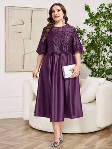 Reflora Plus Size Women Crew Neck Short Sleeve Jacquard Elegant Dress - Purple - View 5