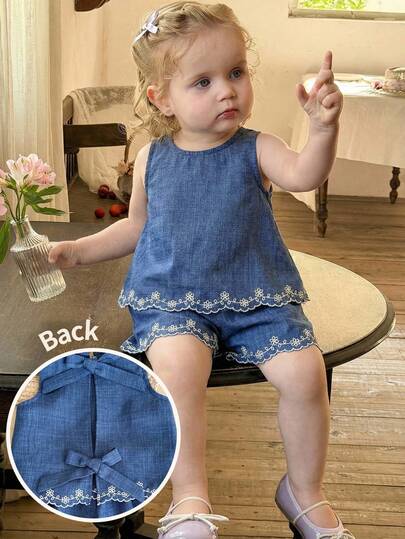 LMoss Kids Baby Girl Floral Embroidery Tie Back Top And Shorts Set, Summer