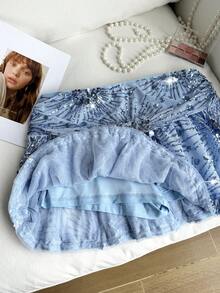 Comfortcana Plus Size Women Sequin Decor Ruffle Hem Fashionable A-Line Skirt Valentine's Day - Blue - View 5