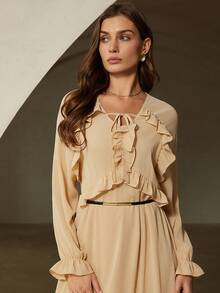 Revavyn Đầm dài tay bằng chiffon, kiểu dáng tối giản, màu trơn, phong cách lãng mạn Pháp cổ điển, viền bèo nhún, dành cho nữ. - Màu Khaki - Xem 5