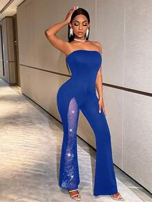 BamGleam Women's Fashionable Sexy Mesh Patchwork Bandeau Jumpsuit - Royal Blue - View 6