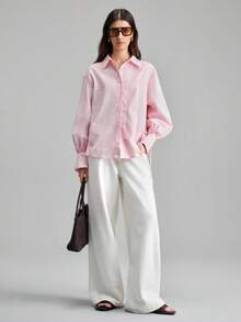 Ontre 2026春夏新款女士梭织衬衫，褶裥设计，长袖，立领，纽扣，粉色，宽松版型，抽绳，时尚百搭，适合情人节、婚礼季、度假派对、独立日、都市时尚、简约通勤装等场合。 - 粉色 - 查看 7