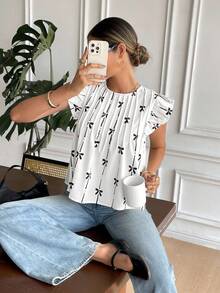 SHEIN Frenchy 女士休闲蝴蝶印花荷叶边衬衫，夏季 - 白色 - 查看 7