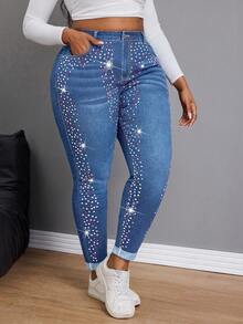 Slaydiva Plus Size Women's Fashionable Casual Colored Rhinestone Decorated Skinny Jeans - Medium Wash - View 6