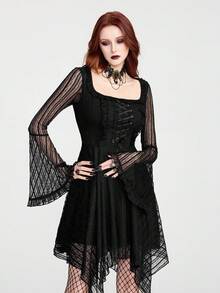 Breakform Đầm ngắn nữ phong cách Gothic thanh lịch, phối ren, màu trơn, chất liệu vải dệt kim, hai lớp, cổ vuông, viền bèo nhún, thắt nơ, tay loe, vạt bất đối xứng. - màu đen - Xem 4