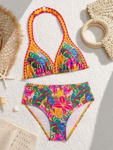 Tween Girl Colorful Floral Print Contrast Trim Halter Top & Shorts Swimsuit Set Tropical Bathing Suit Girls Tropical Print Bikini 2pcs Tween Girls Printed Swimwear Bikini Set Girls Hawaiian Girls Tropical Set Kids Bikini Set High Waist Girls Two Piece Bathing Tween Girls Tropical Print Bikini Summer Beach Tween Girl Swimsuit Two Piece - Multicolor - View 3