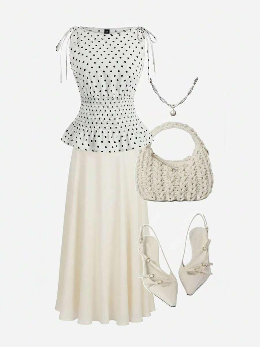 Sweetra Camiseta sin mangas con volantes en el bajo y lazos en los hombros con estampado de lunares para tallas grandes - Blanco - Ver 1