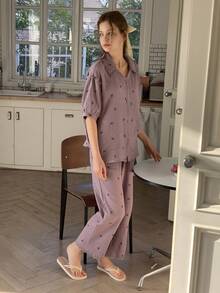 DAZY Teen Girls Minimalist Print Short Sleeve Top And Pants Pajama Set - Purple - View 5