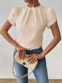 RosyDaze Áo kiểu nữ thanh lịch, giản dị, màu trơn, phối ren, cổ bèo nhún, tay loe - Màu be - Xem 6