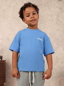 SUMWON 男童休闲纯棉圆领短袖Logo T恤，夏季日常舒适穿着，度假必备 - 藍色 - 查看 5