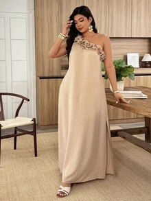 Weeklong Plus Size Women's Asymmetric Shoulder Floral Decor Slit Maxi Casual Vacation Dress, Spring/Summer - Khaki - View 5