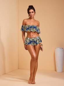 JIAN LASALA All-Over Print Knit Jersey Off-Shoulder Ruffle Top And Panties Set Women Holiday Vacation Wear - Multicolor - View 7