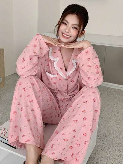 Dazy Plus 2pcs Ditsy Floral Loose Long Sleeve Top And Long Pants Pajama Set, Pink, Spring/Autumn