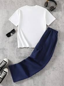 SHEIN Set 2 buc. tricou negru la modă și pantaloni casual albi pentru adolescenți - Albastru - Vizualizare 2