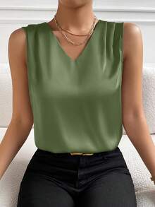 EMERY ROSE Casual Solid Color Sleeveless Shirt, Summer - Army Green - View 6