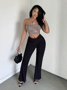 Alexandranx 女士休閒針織豹紋短上衣，剪裁和單肩設計 - 棕色 - 查看 1